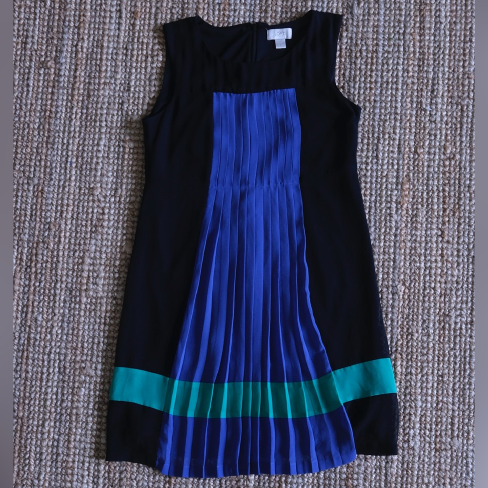 LOFT Black Pleated Dress with Blue and Green Detail